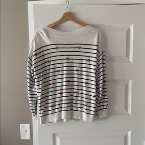 LOFT Cream and Black Striped Sweater with Red Hearts